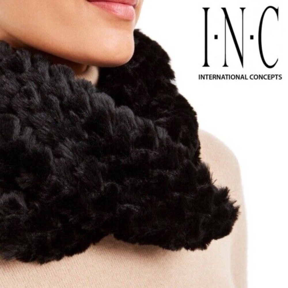 INC International Concepts Women's Black Twisted Heart Faux Fur Cowl Loop Scarf